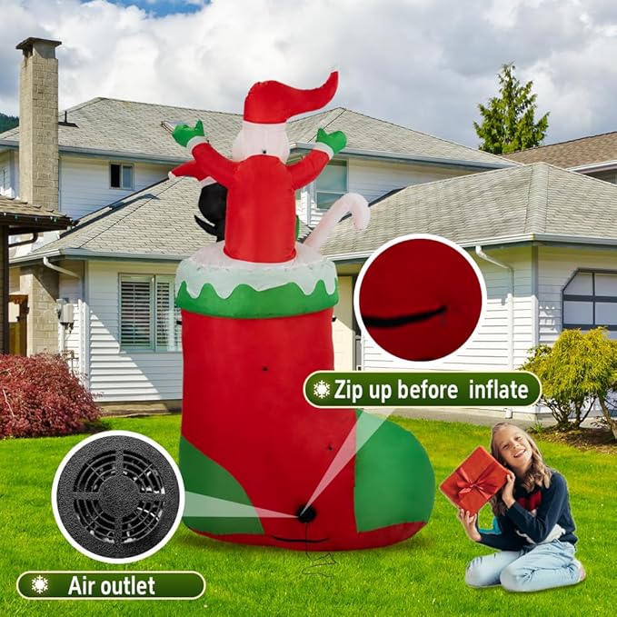 7FT Christmas Inflatable Socks with Santa Inflatable Outdoor Christmas Decorations Blow Up Yard Decoration with LED Lights for Christmas Fun Holiday Party Yard Garden Lawn Decor