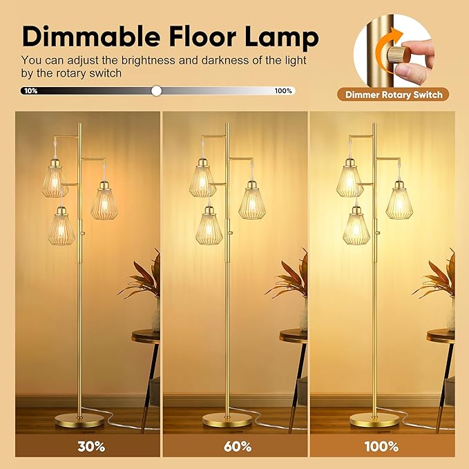 QiMH Industrial Floor Lamps for Living Room, Tree Standing Lamp with Stepless Dimmable, 68" Modern Tall Lamps for Bedroom Study Home Office, Rotary Switch, 3 LED Bulb Included, Gold