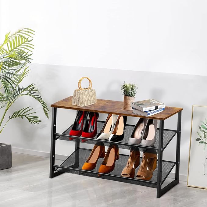 Garden 4 you 3-Tier Tilting Adjustable Freestanding Shoe Rack 6-Pairs 25.2 in Length for Durability and Stability for Entryways, Hallways, Closets, Dormitory Rooms, and Industries，Brown