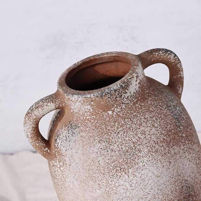 Rustic Farmhouse Ceramic Vase, 9.8" Tall Vintage Pottery Vases, Terracotta Decorative Boho Pampas Flower Vase, Suitable for Home Decor Living Room Entryway Table Bookshelf Mantle Shelf Decor