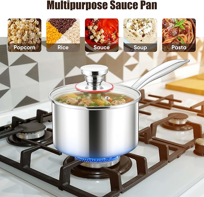 E-far Stainless Steel Saucepan Set - 1Qt & 2 Qt, Triply Sauce Pan Pot with Lid for Cooking Pasta Warming Milk Boiling Water, Small Metal Cookware for Kitchen, Induction Ready & Heavy Duty
