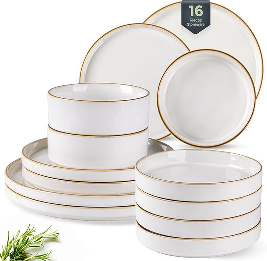 GBHOME Ceramic Dinnerware Sets With Double Bowl for 4, 16 Pieces Stoneware Plates and Bowls Set, Reactive Glaze Dishes -Scratch Resistant, Dishwasher&Microwave Safe-Pearl White