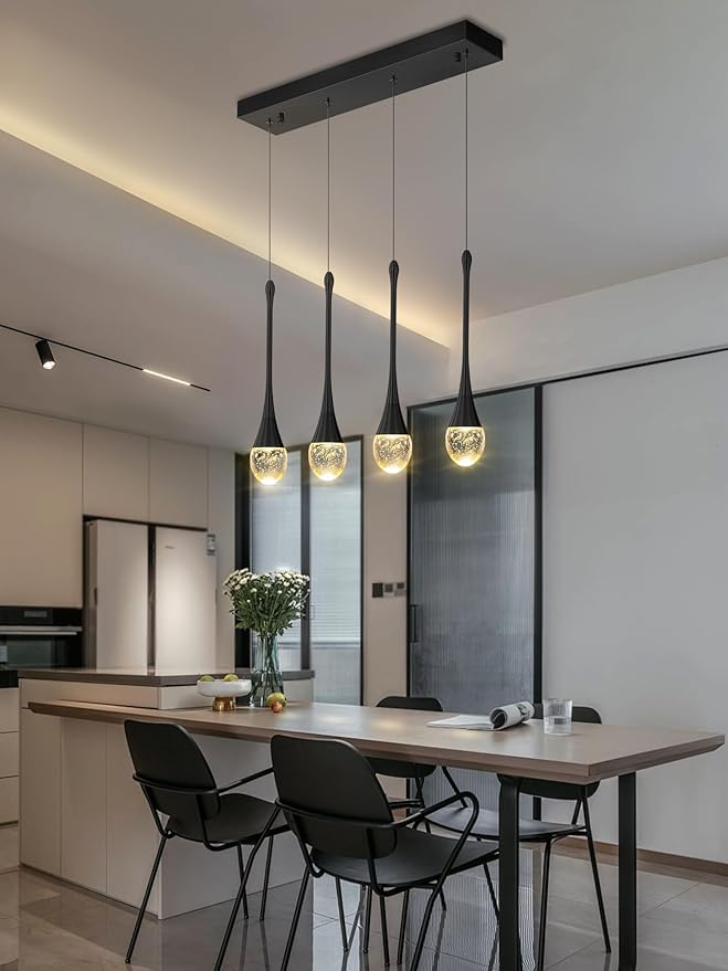 Dining Room Light Fixture 4-Light Black Kitchen Island Lighting Industrial Linear Crystal Chandeliers for Dining Room Pendant Light Fixture for Living Room Hallway Bedroom