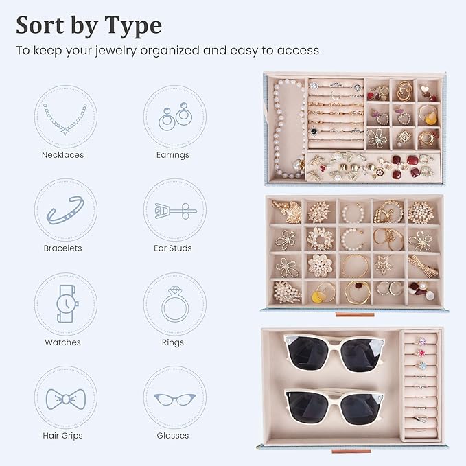 Dajasan Jewelry Organizer Box, Jewelry Storage Organizer with 2 Drawers, 3-Tier Large Jewelry Gift Box for Women, Girls, Friends, Wife or Mother, Gift Idea (Smoky Blue)