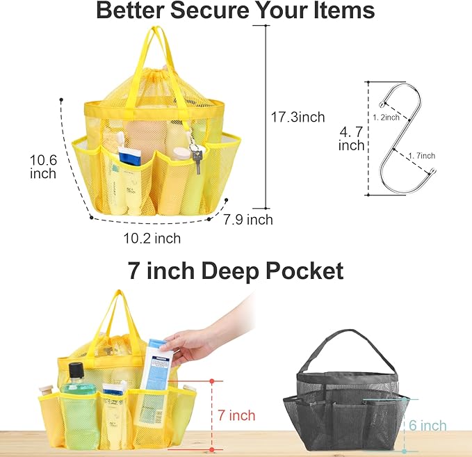 F-color Mesh Shower Caddy Portable with Drawstring - Upgrade Deeper 7 Pockets Dorm Room Essentials for Guys Girls with S Hook, Shower Bag Basket Tote for College Camping Toiletry Bathroom, Yellow