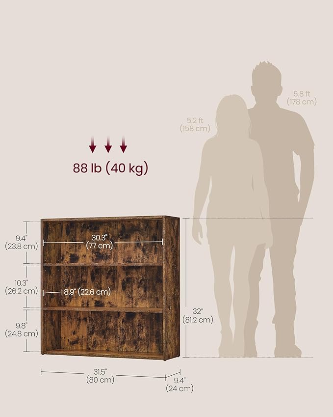 VASAGLE Custos Collection - Bookshelf, 3-Tier Bookcase, Book Shelf, Open Storage Shelf, 9.4 x 31.5 x 32 Inches, for Living Room, Home Office, Dinning Room, Rustic Brown ULBC173X01