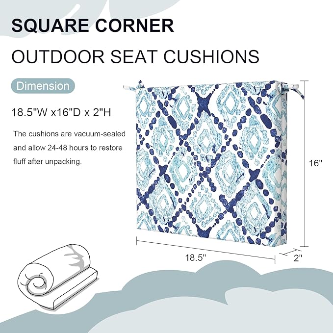 Set of 4 Outdoor Square Chair Cushions 18.5"x16"x2" for Patio, Water Resistant Patio Dining Seat Pads Replacement for Kitchen Garden and Outdoor Furniture Decoration - Boho Geometry Blue