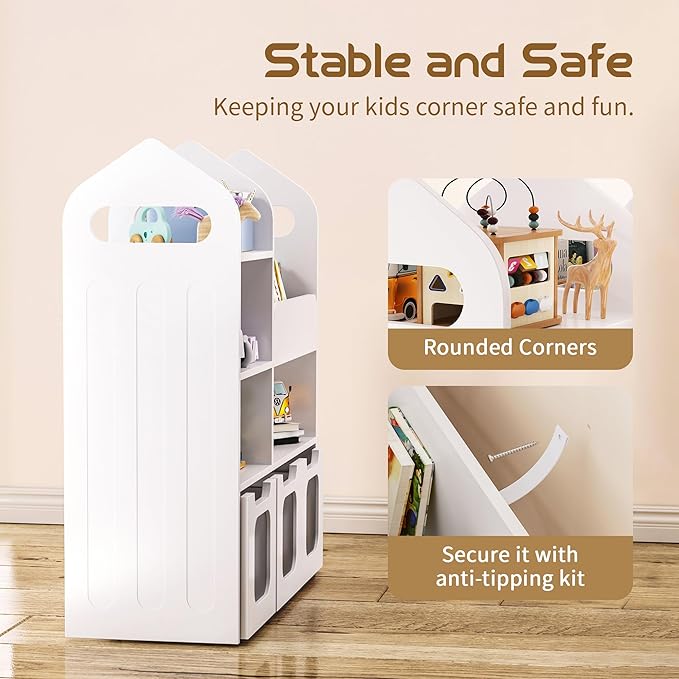 Toy Storage Organizer with 3 Movable Drawers and 3 Storage Cubby, 33.5" H Kids Bookshelf and Toy Storage，Book Shelf for Kids Room, Nursery, Playroom, Bedroom, White