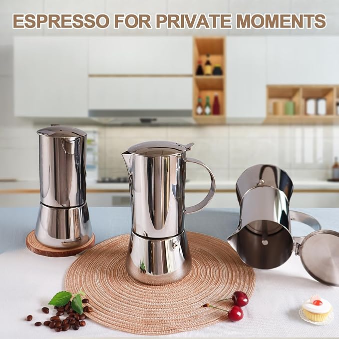 Uncoated 4 Cup Moka Pot 304 Thickened Stainless Steel Coffee Maker Stovetop Espresso Coffeemaker Italian Classic Style Brewing Greca Cafe Mocha Machine for Cafeteras Camping Travel Home 200ml 6.6oz