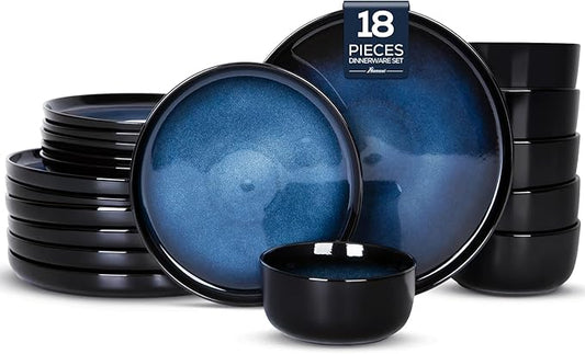 Romswi Ceramic 18Pcs Dinnerware Sets,Stoneware Plates and Bowls Set for 6, Chip & Scratch Resistant Dish Set, Handmade Reactive Glaze, Oven, Microwave & Dishwasher Safe, Dreamy Moonlight-Blue