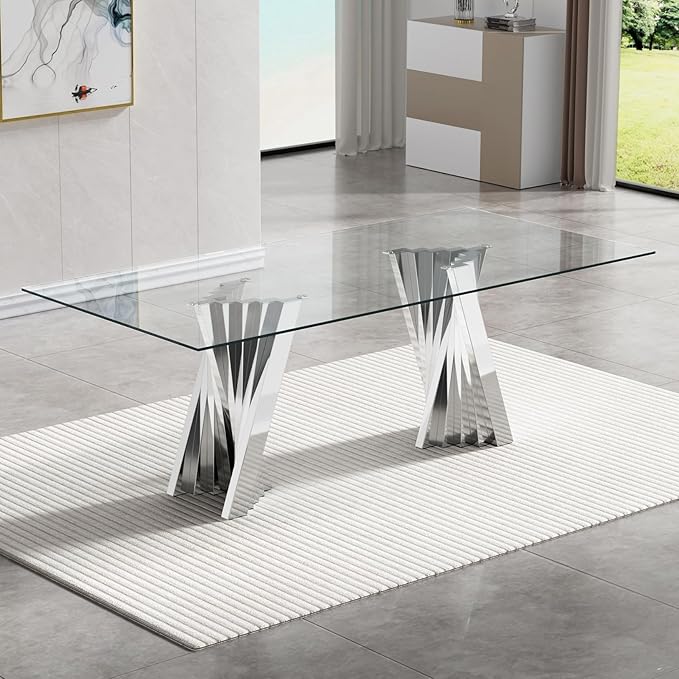 Goujxcy Modern 5 Piece Glass Dining Table Set Luxury Glass Kitchen Table and Chair Set for 4, 70" Large Rectangular Dining Room Table with 4 Tufted Chairs and Stainless Steel Legs (Silver & Grey)