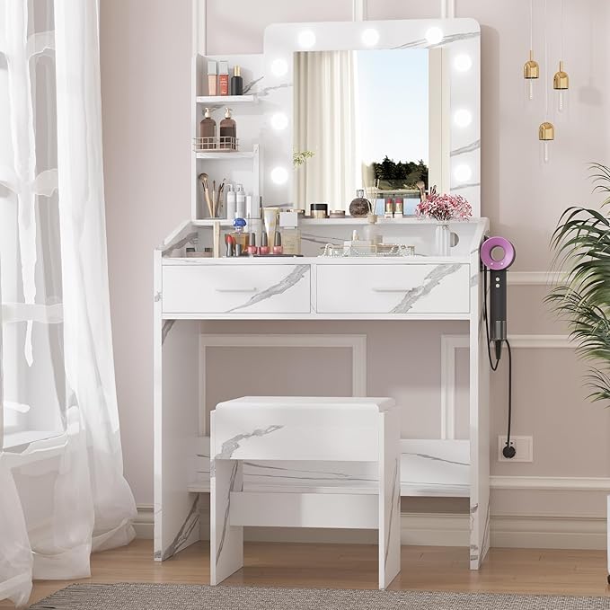 Vanity Desk with Mirror and Lights for Bedroom, Marble White Modern Makeup Table with 2 Drawers, 3 Light Modes & Dimmable LED, Includes Stool