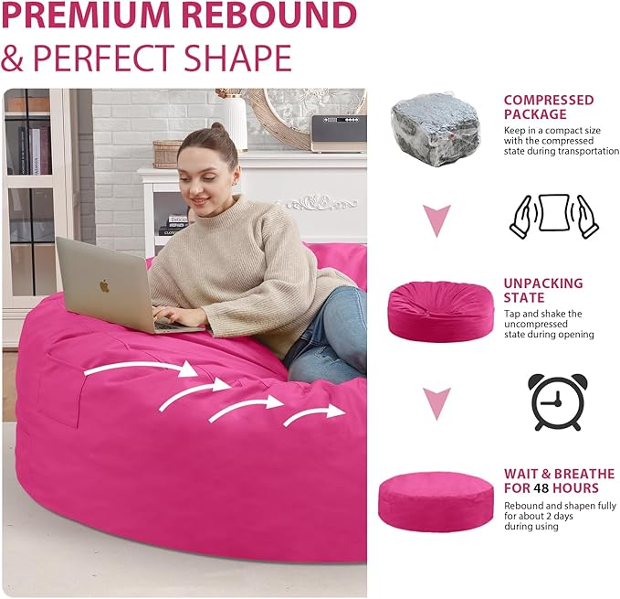 7FT Bean Bag Chair, Large Bean Bag Chairs with Memory Foam Filled, Fluffy Beanbag Sofa with Dutch Velvet Cover, Round BeanBag Chairs for Living Room, Playroom - Pink