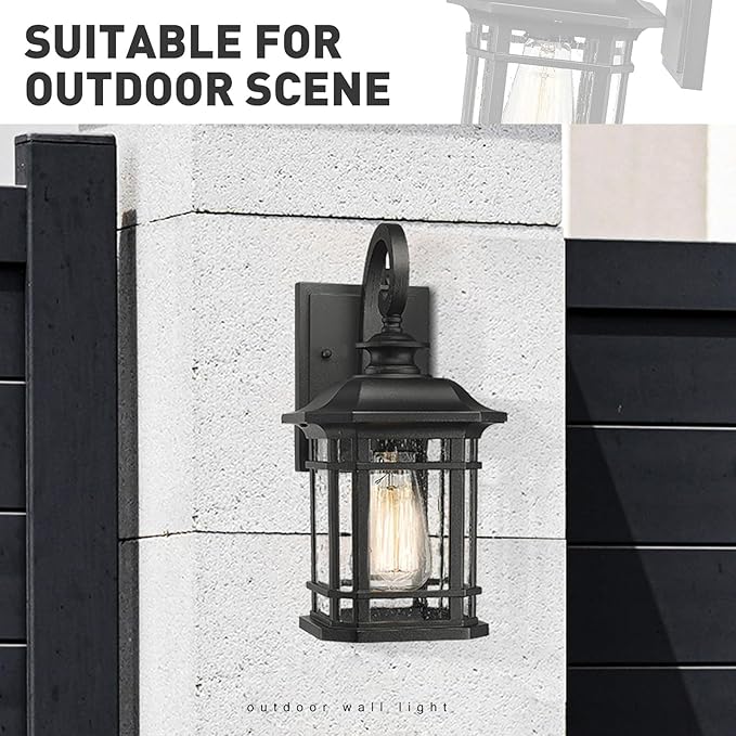 Emliviar Outdoor Wall Lantern Lights, 1-Light Exterior Wall Sconce Lamp, Black Finish with Clear Seeded Glass, 2084B BK