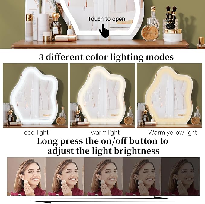 Walnut Stylish Corner Makeup Vanity Table，Vanity Desk with Lighted Mirror and 4 Spacious Drawers,Bedroom Essential Dressing Table with Nightstand，Modern Minimalist Writing Desk for Girls