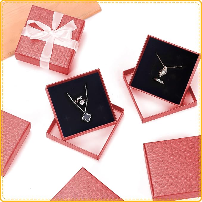 Glarks 12pcs Red 9 x 9 x 3CM Jewelry Gift Boxes with Pink Scissors and 1.5 x 225CM White Polyester Ribbon Set, Diamond Pattern Necklace Earring Bracelet Boxes Gift Case Ideal