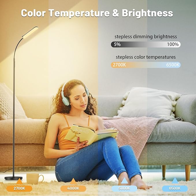 Dimmable LED Floor Lamp, Super Bright Reading Lamps Floor Standing lamp with Remote & Touch Control, Stepless Dimming & 2700K-6500K Color Temperature, for Living Room Bedroom Office, Black
