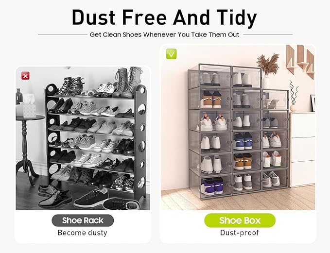 Kuject XX-Large Shoe Storage Boxes Organizers Clear Plastic Stackable 12 Pack, Shoe Rack & Holder Substitute, Sneaker Containers, Toy Storage Organizer Bins for Entryway, Closet, Under Bed, Grey