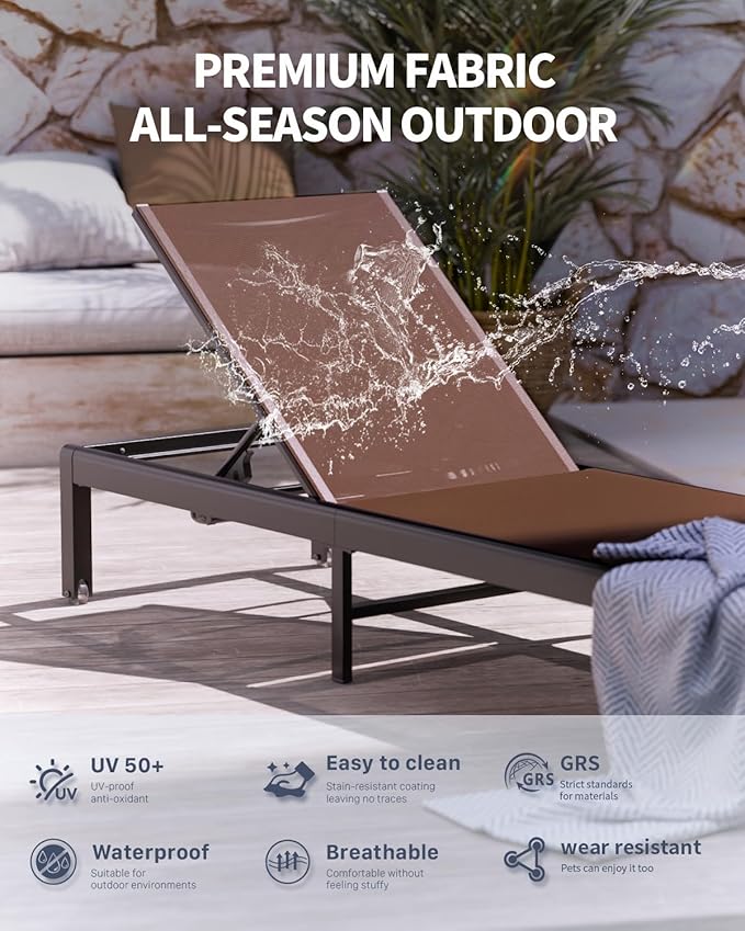 Aluminum Lounge Chairs Outdoor Chaise Furniture,2 Sets Patio Metal Deck Lounger Adjustable 5-Position Poolside Chase Recliner with Wheels for Beach,Coffee Table, (Brown, 1 Chair)