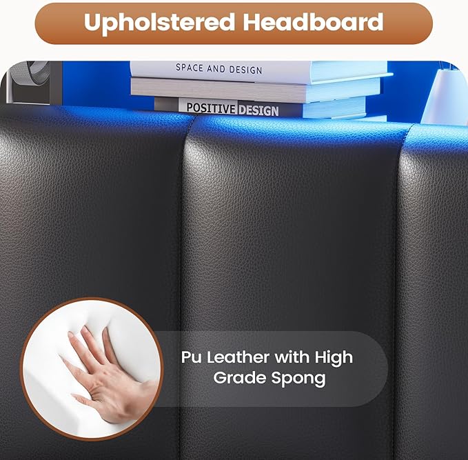 AOGLLATI Twin Bed Frame with 4 Storage Drawers & Charging Station & LED Lights, Twin Bed Frames with Stylish Bookcase Headboard, Led Bed Frame with Metal Slats, No Box Spring Needed,Black