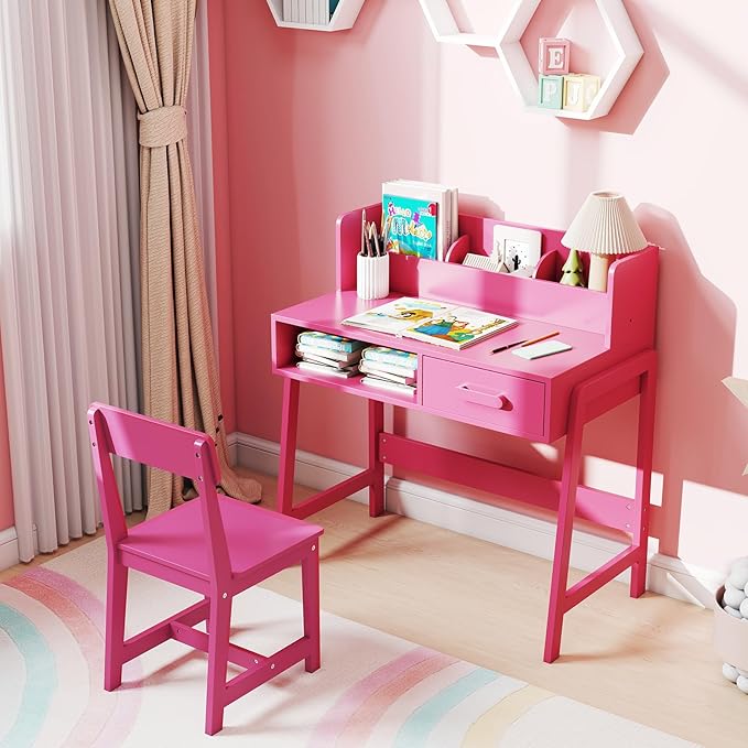 INFANS Table and Chair Set, Toddler Wooden Student Study Desk with Chair Storage Hutch Compartments Drawers for Writing Drawing, Children Furniture for Bedroom School Boys Girls 3+ Years Old (Pink)