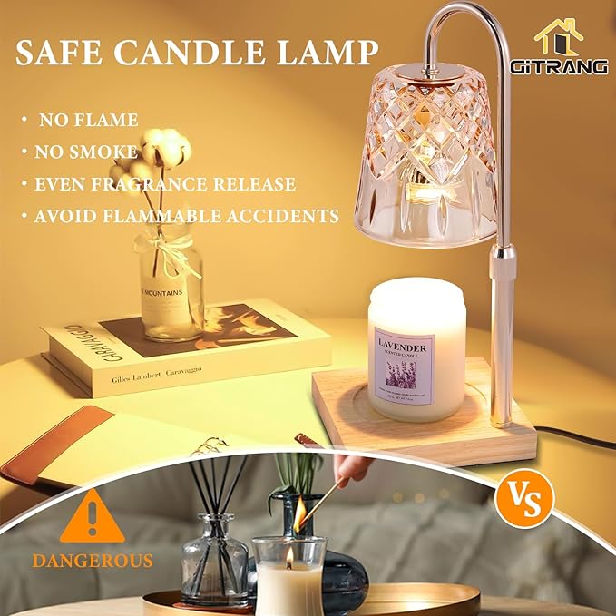 Candle Warming Lamp with Timer Dimmer, Adjustable Height Electric Wax Melt Warmer for Jar Candles with 3 Bulbs, Mother's Day Women's Home Decor Gift, Champagne Color Pole with Square Base