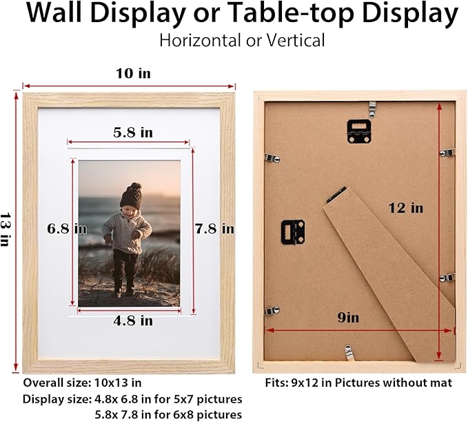 KINLINK 9x12 Picture Frames Natural, Solid Wood Frames with Acrylic Plexiglass for Pictures 5x7/6x8 with Mat or 9x12 without Mat, Tabletop and Wall Mounting Display, Set of 4