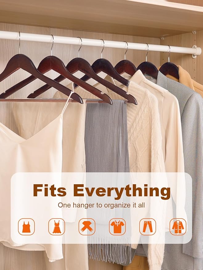 HOUSE DAY Cherry Wooden Hangers 30 Pack, Solid Wood Hanger with Non Slip Pant Bar, Heavy Duty Wooden Coat Hanger for Closet, Smooth Finish Wood Clothes Hangers for Shirts, Suits, Jackets, Dress