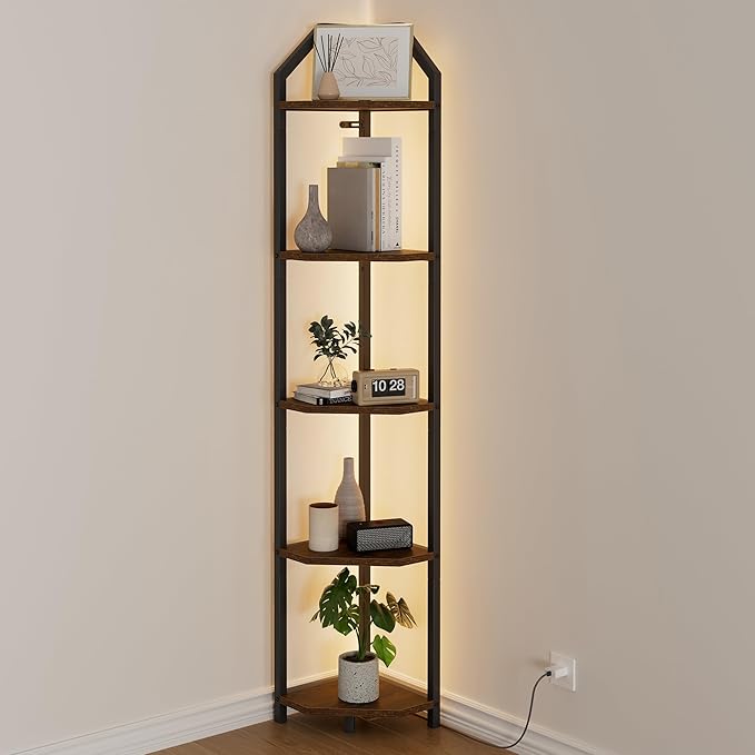 70 Inch Corner Shelf with LED Lights, 5-Tier Corner Bookshelf for Small Spaces, Wood & Metal Storage Rack for Bedroom, Living Room, Office - Modern Space Saving Design- Brown