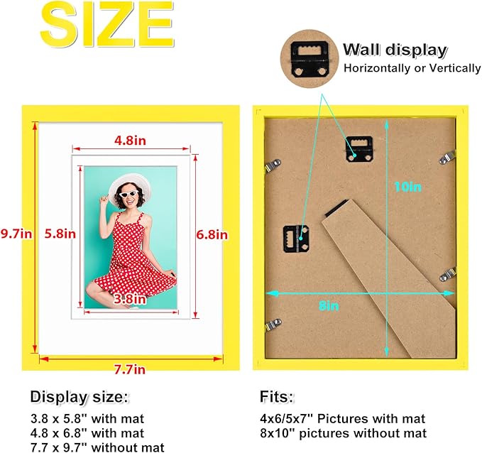 KINLINK 8x10 Picture Frame Yellow, Solid Wood Frames with Acrylic Plexiglass for Pictures 4x6/5x7 with Mat or 8x10 without Mat, Tabletop and Wall Display Photo Frame, Set of 4