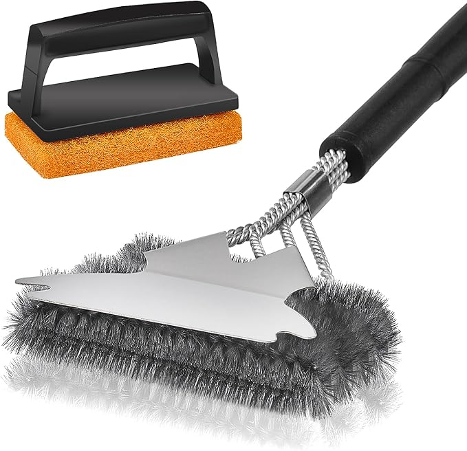 Professional Grill Brush and Scraper Kit - Heavy Duty BBQ Grill Cleaner Brush with Stainless Steel Scrubber, Outdoor Grill Cleaning Tools for Home, Restaurant & Commercial Use
