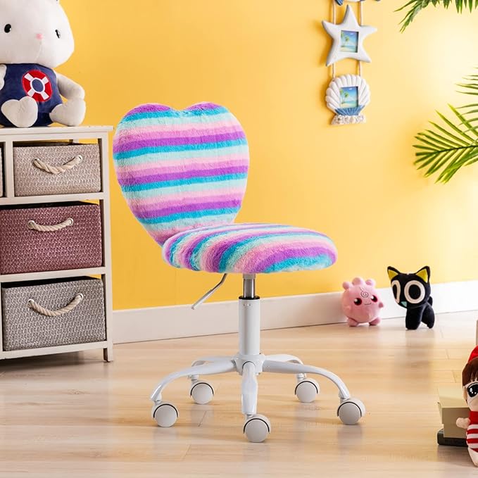 Cute Fuzzy Kids Chair for Teenage Girls - Rolling Study Desk with Adjustable Heart Shaped Reading Vanity for Bedroom, Rainbow