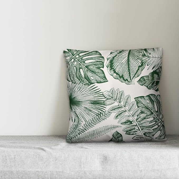 Green Palm Fronds Indoor/Outdoor Pillow | Decorative Pillows for Living Room Couch Bed Sofa Patio, Fluffy Soft Cushion | Water Resistant Green, 18x18