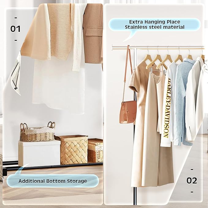 Clothing Rack, 55.51 Inch Heavy Duty Clothes Rack Rolling Garment Rack with Wheels and Bottom Shelf, 130LB Capacity Clothes Racks for Hanging Clothes, Coats, Shirts, Sweaters, Skirts, Black