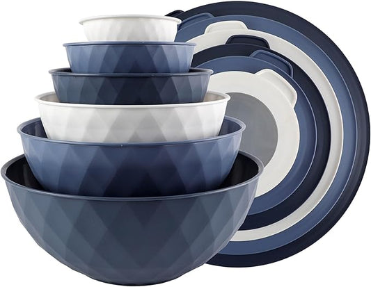 COOK WITH COLOR Mixing Bowls with Lids - 12 Piece Plastic Nesting Bowls Set includes 6 Prep Bowls and 6 Lids, Diamond Design - Microwave Safe (Mint)