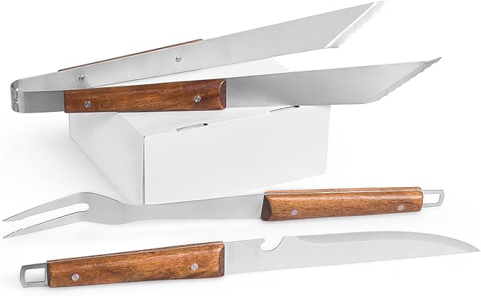 Internet's Best 3-Piece BBQ Grilling Utensil Set - Long Wooden Handle Spatula, Barbeque Fork, and Serrated Tong Meat Grabbers - Smoker Charcoal Gas Electric Cooking Utensils