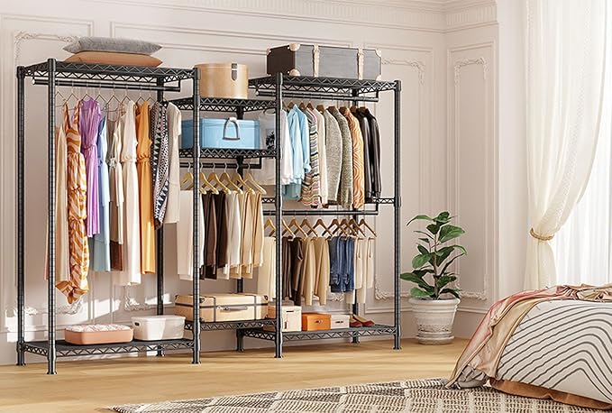 Raybee Clothes Rack Heavy Duty Clothing Racks for Hanging Clothes Adjustable Hanging Clothes Rack Garment Rack, Black, 13.9" D x 70.6" W x 77" H