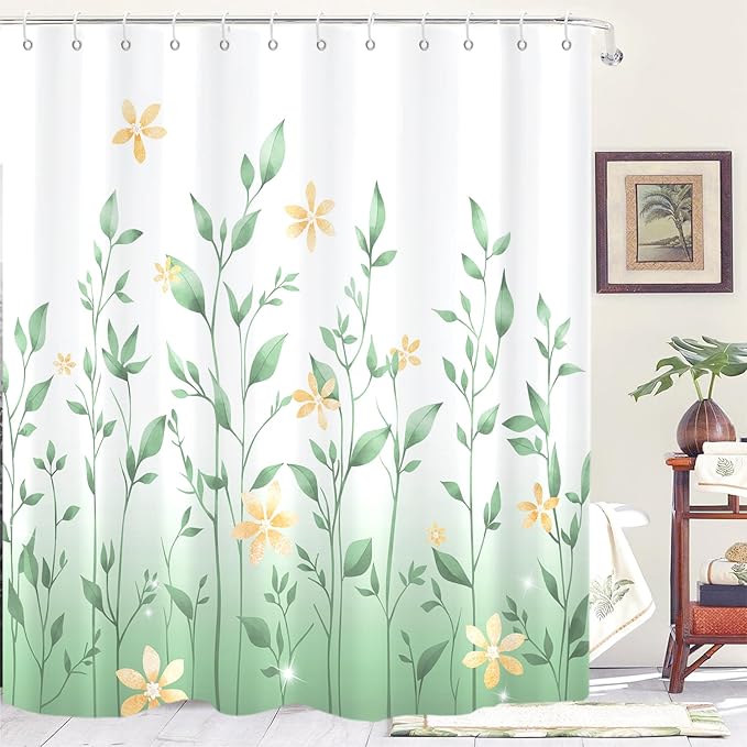 Eucalyptus Shower Curtain, Ombre Floral Leaves Plant Washable Fabric Bath Decor with 12 Hooks 72x72 inches, Mint Green