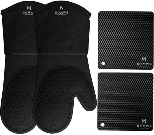 HOMWE Silicone Oven Mitts and Pot Holders, 4-Piece Set, Heavy Duty Cooking Gloves, Kitchen Counter Safe Trivet Mats, Advanced Heat Resistance, Slip-Resistant Textured Grip, Black