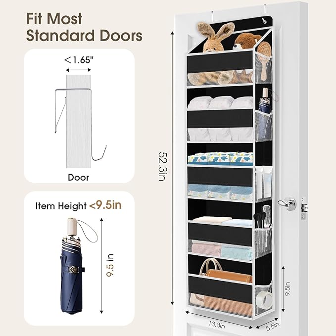 2 Pack Over The Door Organizer, Hanging Storage Organizer with Clear Window, 40lb Ultra Sturdy Large Capacity Room Organizer for Pantry Laundry Bathroom Nursery Closet (Black)