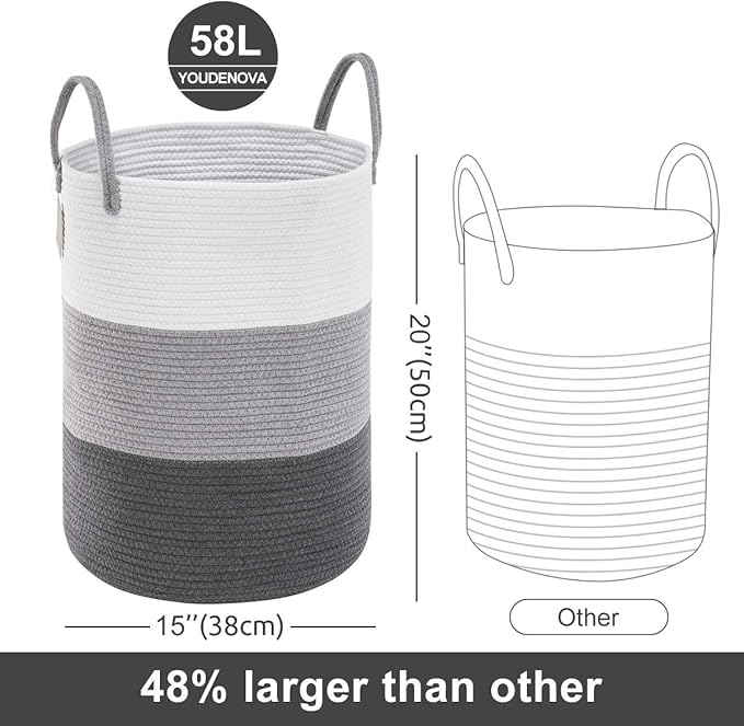 Woven Rope Laundry Hamper Basket, 58L Tall Luandry Basket, Baby Nursery Hamper for Blanket Storage, Clothes Hampers for Laundry in Bedroom-Large-Dark Grey