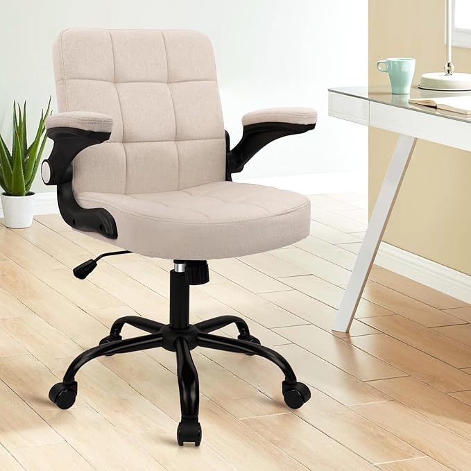 CLATINA Fabric Office Chair Ergonomic Cloth Linen Swivel Desk Chair with Back Support and Padded Flip up Armrests, Executive Rolling Computer Task Chairs for Work, Conference, Home, Study, Beige