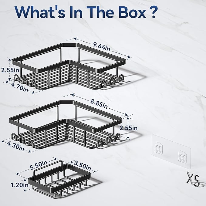 YASONIC Corner Adhesive Shower Caddy, with Soap Holder and 12 Hooks, Rustproof Stainless Steel Bathroom Organizer, No Drilling Wall Mounted Rack, Black, 3-Pack
