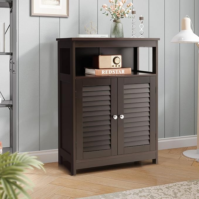 GLACER Bathroom Floor Cabinet, Wooden Storage Cabinet with Double Shutter Doors & 3-Position Adjustable Shelf, Side Storage Organizer, 23.5 x 12 x 31.5 inches (Espresso)
