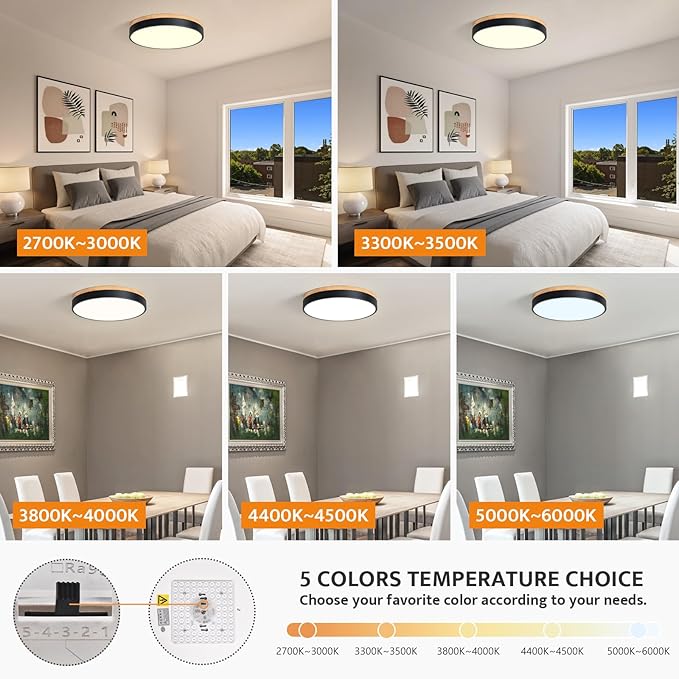 Dimmable Wood LED Flush Mount Ceiling Light, 5CCT 2700K-6000K Modern Black Close to Ceiling Lighting Fixtures, Minimalist Round Ceiling Lamp for Living Room, Bedroom, Laundry Room
