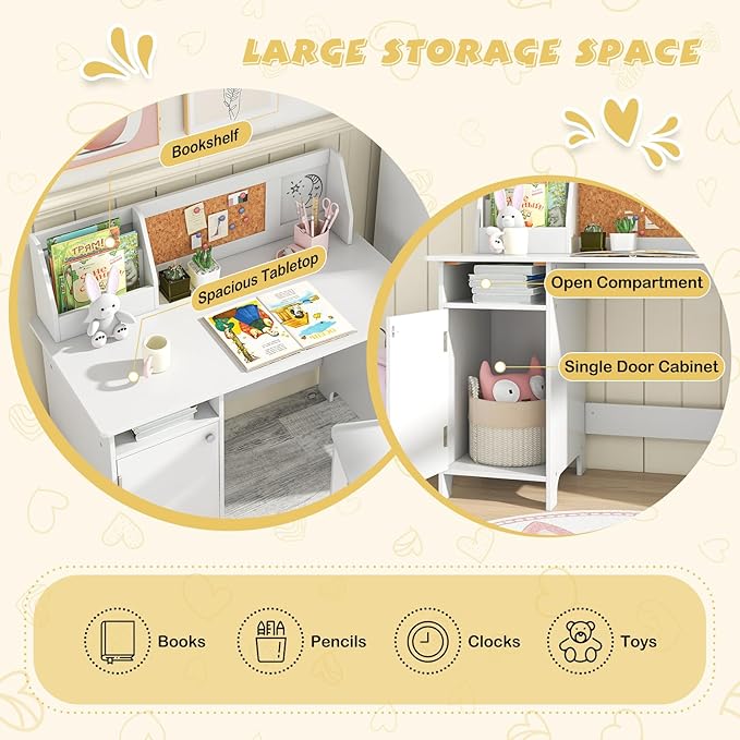 Costzon Kids Desk and Chair Set, Wooden Children Study Table with Storage, Hutch, Cork Bulletin Board, Whiteboard & Marker, Student Computer Workstation Writing Desk for Kids Bedroom, School, White