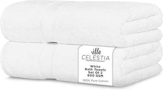 600 GSM 100% Cotton Bath Towels, White, Set of 2, Highly Absorbent, Plush, Soft, Quick Dry, 2 Pieces Combed Cotton Luxury Towels for Hotels, Spa, Salon, Bathroom, Dorm, Pack of 2