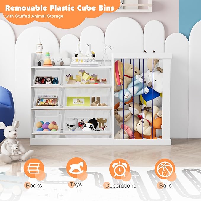 Kids Toy Storage Organizer with 3 Removable Plastic Bins Toddler Montessori Bookshelf with Stuffed Animal Net Holder Baby Bookcase Plush Organizer for Playroom, Bedroom,Kids Room,Classroom,Nursery