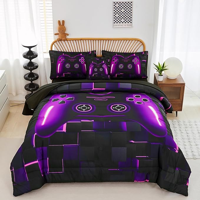 PERFEMET 6 Pieces Bed in A Bag Gamer Comforter Set Full Size Purple Gaming Bedding Set for Boys Kids Teen Soft Lightweight Video Game Black Quilt Bedspread Set(Purple, Full)