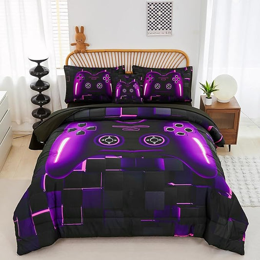 PERFEMET 6 Pieces Bed in A Bag Gamer Comforter Set Full Size Purple Gaming Bedding Set for Boys Kids Teen Soft Lightweight Video Game Black Quilt Bedspread Set(Purple, Full)